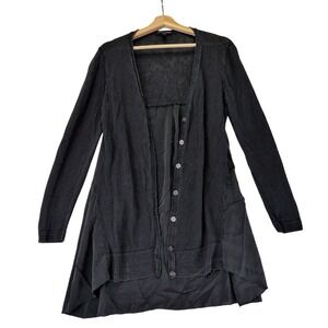 Eileen Fisher Black Linen Silk Cardigan Sweater Duster Button Front Women Large